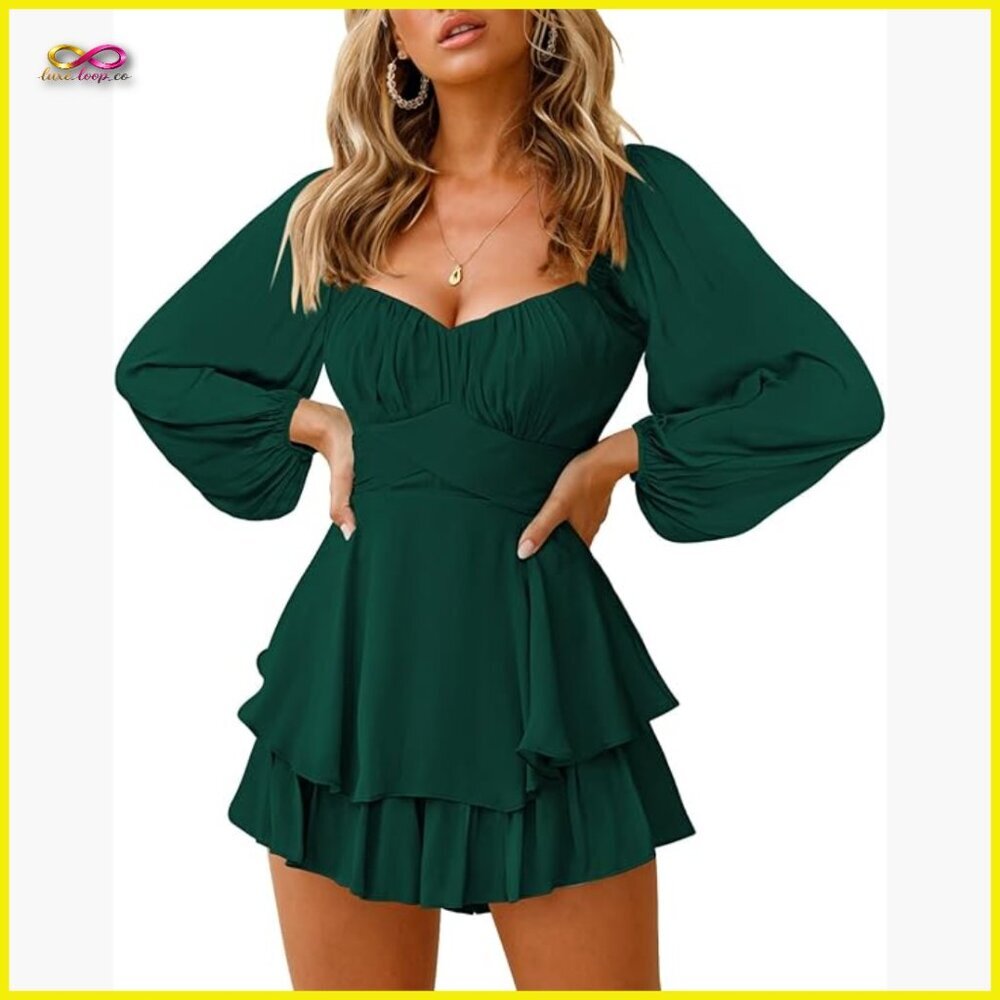 Off Shoulder Romper Lantern Sleeve Ruffle Hem Jumpsuit Chic Modern Casual